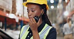 Logistics, woman and radio in warehouse for communication, stock and safety in supply chain or freight. Factory, worker and industry for quality control in manufacturing, shipping for trade or export