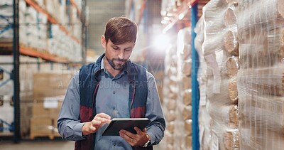 Buy stock photo Man, tablet and logistics or warehouse inspection of cargo for ecommerce shipping, factory or production. Distributor, online and inventory service in storehouse for package, courier or planning