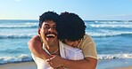 Hug, beach and couple with love, funny and summer holiday with weekend break, smile and laughing. Happy people, seaside and man with woman, ocean and embrace with romance, adventure and relationship