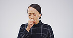 Woman, coughing in studio and sick with health problem, lung disease or tuberculosis. Hand, pneumonia or respiratory virus with female person and allergic reaction by space on white background