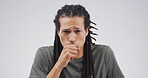 Cough, sick and portrait of man in studio with chest infection, respiratory disease and illness. Mockup space, health and isolated person with pneumonia, flu and asthma symptoms on white background 