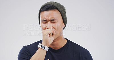 Buy stock photo Man, cough and student with illness, studio and chest pain with respiratory disease on white background. Sick person, asthma or sore throat with allergies, tuberculosis or infection with mockup space