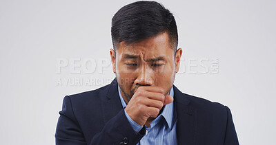 Buy stock photo Sick businessman, cough and allergy in studio, chest pain and respiratory disease on white background. Person, asthma or sore throat with allergies, tuberculosis and infection with mock up space