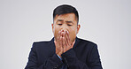 Sick businessman, cough and illness in studio, allergy and respiratory disease on white background. Person, asthma or cover mouth with sore throat, tuberculosis and flu infection with mock up space