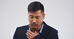Sick businessman, chest pain and allergy in studio, flu infection or respiratory disease on white background. Chinese person, asthma or exhausted with stress, virus and illness with mockup space