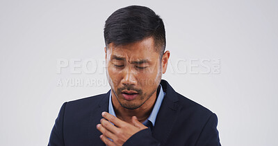 Buy stock photo Sick businessman, chest pain and allergy in studio, flu infection or respiratory disease on white background. Chinese person, asthma or exhausted with stress, virus and illness with mockup space