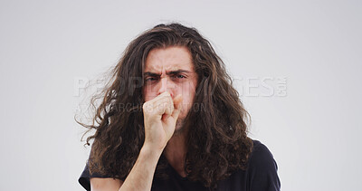 Buy stock photo Man, coughing and sick in studio with health, lung infection or bacteria from medical condition. Tuberculosis, portrait with allergic reaction or respiratory illness with disease on white background