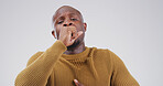 Black man, coughing and sick in studio with health, lung infection or bacteria from medical condition. Tuberculosis, portrait with allergic reaction or respiratory illness on white background