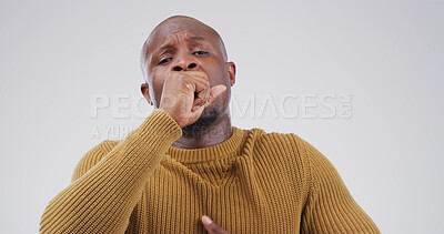 Buy stock photo Black man, coughing and sick in studio with health, lung infection or bacteria from medical condition. Tuberculosis, portrait with allergic reaction or respiratory illness on white background