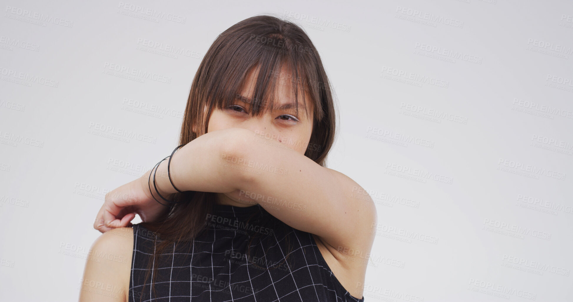 Buy stock photo Cough, sick and woman in studio, portrait and illness with virus on white background. Person, mockup and disease with tuberculosis, cold and space with sinus problem, influenza and sneeze with flu