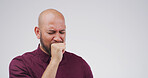 Cough, sick and man in studio, allergy and asthma attack with tuberculosis on white background. Person, mockup and disease with illness, cold and fever with sinus problem, influenza and covid