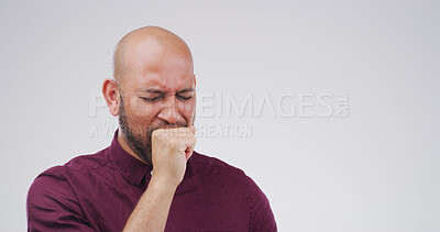 Buy stock photo Cough, sick and man in studio, allergy and asthma attack with tuberculosis on white background. Person, mockup and disease with illness, cold and fever with sinus problem, influenza and covid