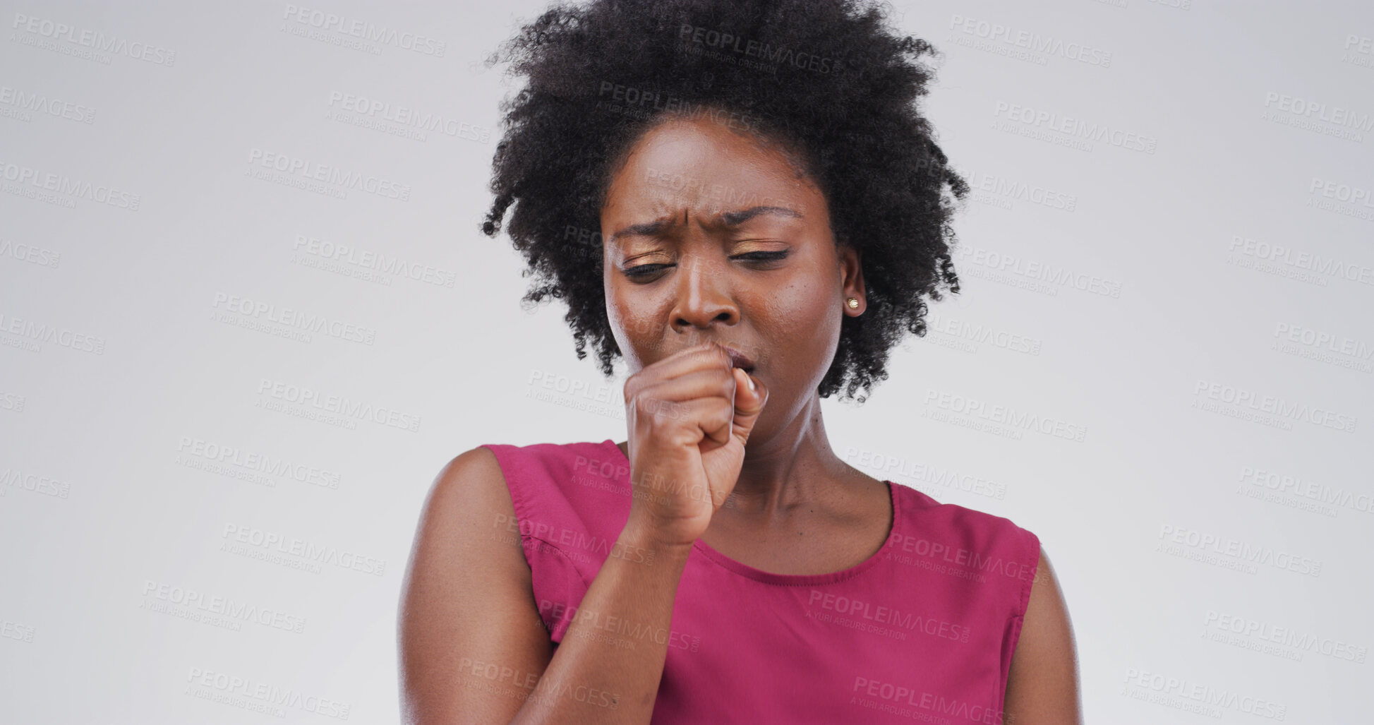Buy stock photo Black woman, cough and sick in studio, allergy or fatigue for respiratory disease on background. African person, asthma and cover mouth for sore throat, stress or bacteria infection with mockup space