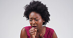 Cough, sick and black woman on white background with chest infection, respiratory disease and illness. Mockup space, healthcare and isolated person with pneumonia, flu and asthma symptoms in studio 
