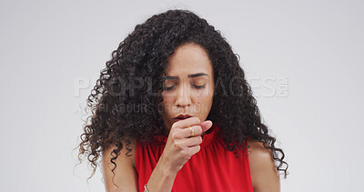 Buy stock photo Cough, illness and woman in studio, allergy and asthma attack on white background. Person, mockup or model with virus, cold or disease with sore throat, sick or tuberculosis with lungs or fever