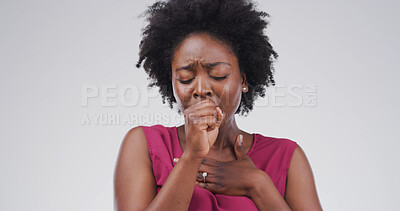 Buy stock photo Black woman, cough and chest pain in studio, sick or fatigue for respiratory disease on background. African person, asthma or sore throat with allergy, stress and bacteria infection with mockup space