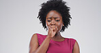 Black woman, coughing in studio and sick with health problem, lung disease or tuberculosis. Hand, pneumonia or respiratory virus with female person and allergic reaction by space on white background
