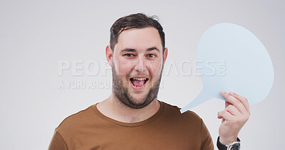 Buy stock photo Portrait, social media and speech bubble with man in studio for communication, opinion or voice. Mockup space, omg and word balloon with shocked person isolated on white background for feedback