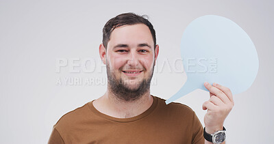 Buy stock photo Portrait, happy man and speech bubble in studio for social media, faq or forum. Smile, person or dialogue balloon for opinion, quote or voice for communication on white background with mockup space