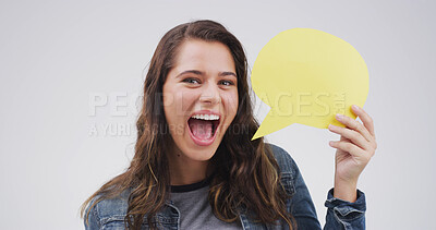 Buy stock photo Portrait, speech bubble and woman in studio, feedback and communication on white background. Opinion, person and model with branding space, mockup and review with announcement, excited or opportunity