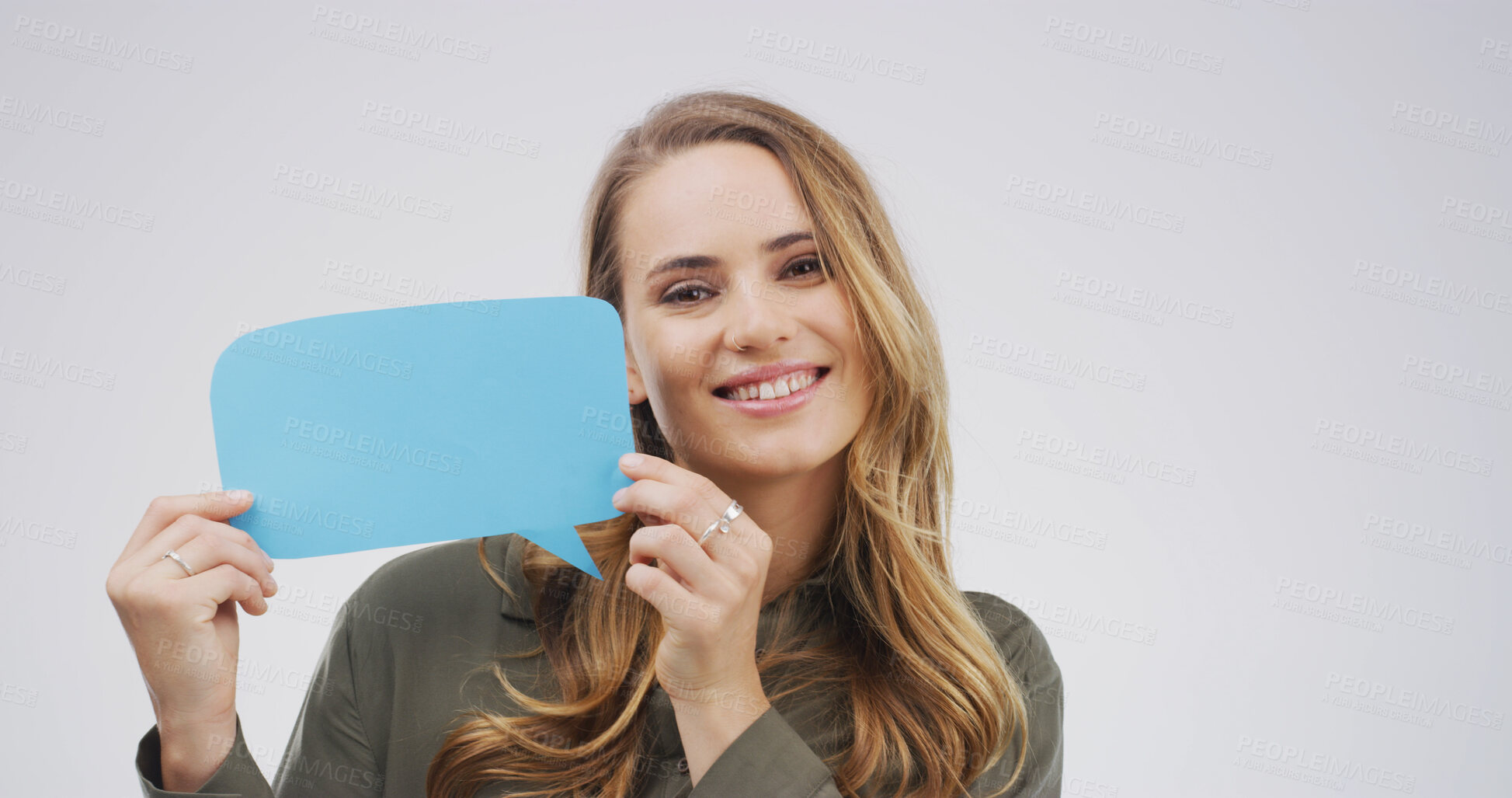 Buy stock photo Portrait, speech bubble or woman in studio, communication or opinion on white background. Social media, person and model with branding space, mockup and review with feedback, announcement or about us