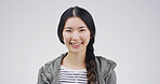 Studio, portrait and woman with smile, creative and positive attitude for graphic design and person. Happy, web designer and employee with pride for career development, white background and China