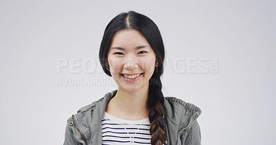 Buy stock photo Portrait, student and woman with smile, studio and opportunity for scholarship and white background. University, pupil and person with pride for education, positive attitude or knowledge in China