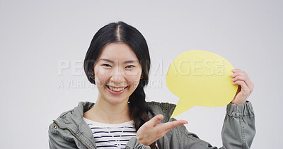 Buy stock photo Blank sign, mockup space and woman in studio for announcement, opinion or voice for social media. Happy, review and Asian female person with text board, speech bubble or placard by white background.