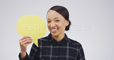 Buy stock photo Portrait, woman and icon with speech bubble in studio for announcement, news and signage. Mockup space, person and sign for advertising brand, show information and billboard forum in white background