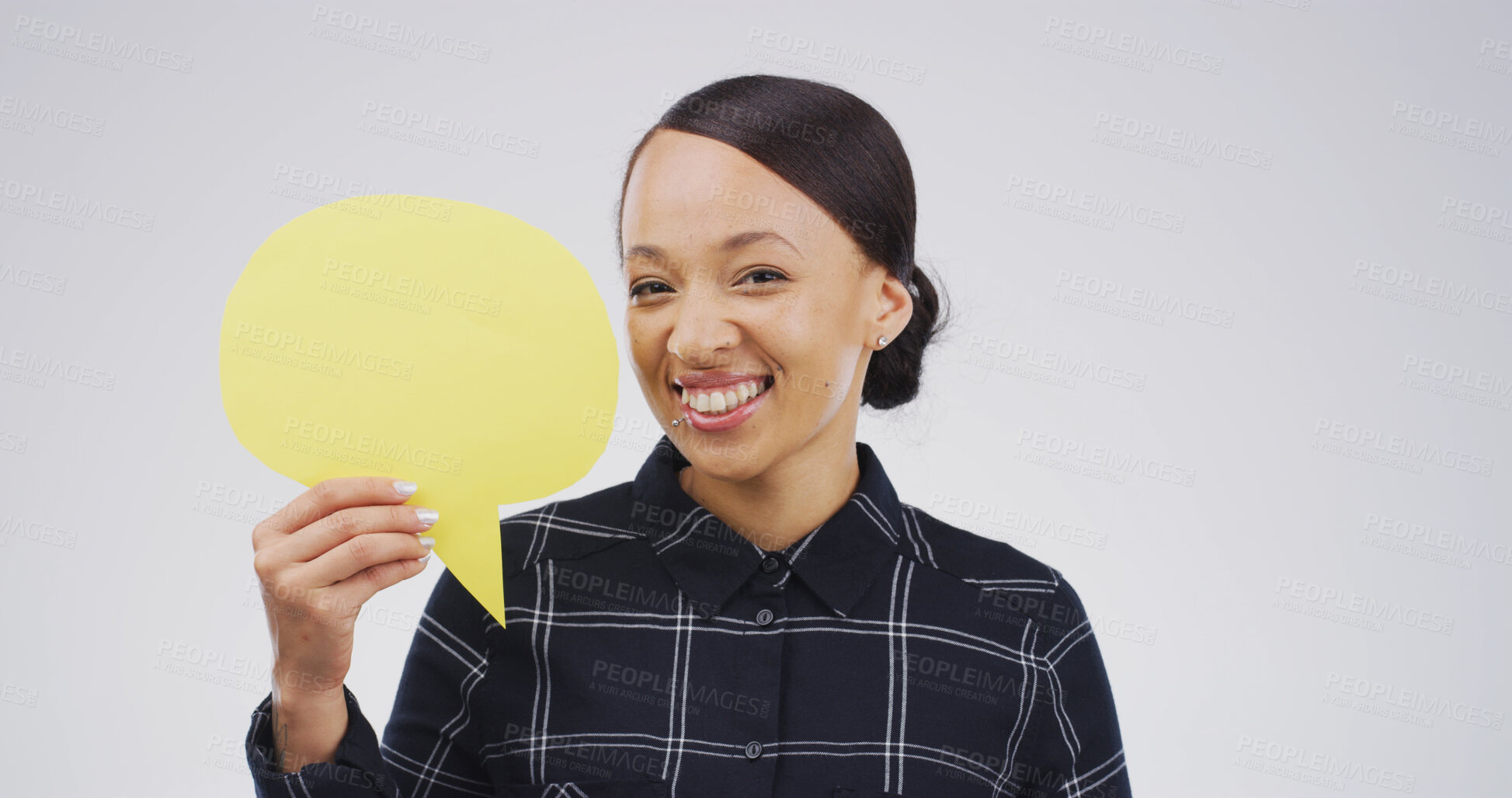 Buy stock photo Portrait, woman and icon with speech bubble in studio for announcement, news and signage. Mockup space, person and sign for advertising brand, show information and billboard forum in white background