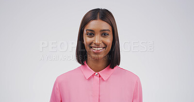Buy stock photo Portrait, happy and creative woman in studio as confident event planner for business. Worker, smile and person with career pride as venue coordinator or about us on white background space in India