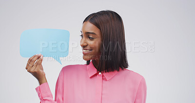 Buy stock photo Smile, speech bubble and woman in studio, opportunity or announcement on white background. Social media, person or model with poster, communication or opinion with voice review, info sign or feedback