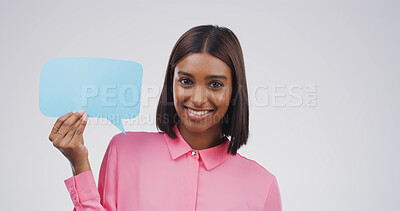 Buy stock photo Portrait, happy woman and speech bubble in studio for opinion, idea or news. Smile, person and dialogue balloon for social media, quote or communication on white background with mockup space in India