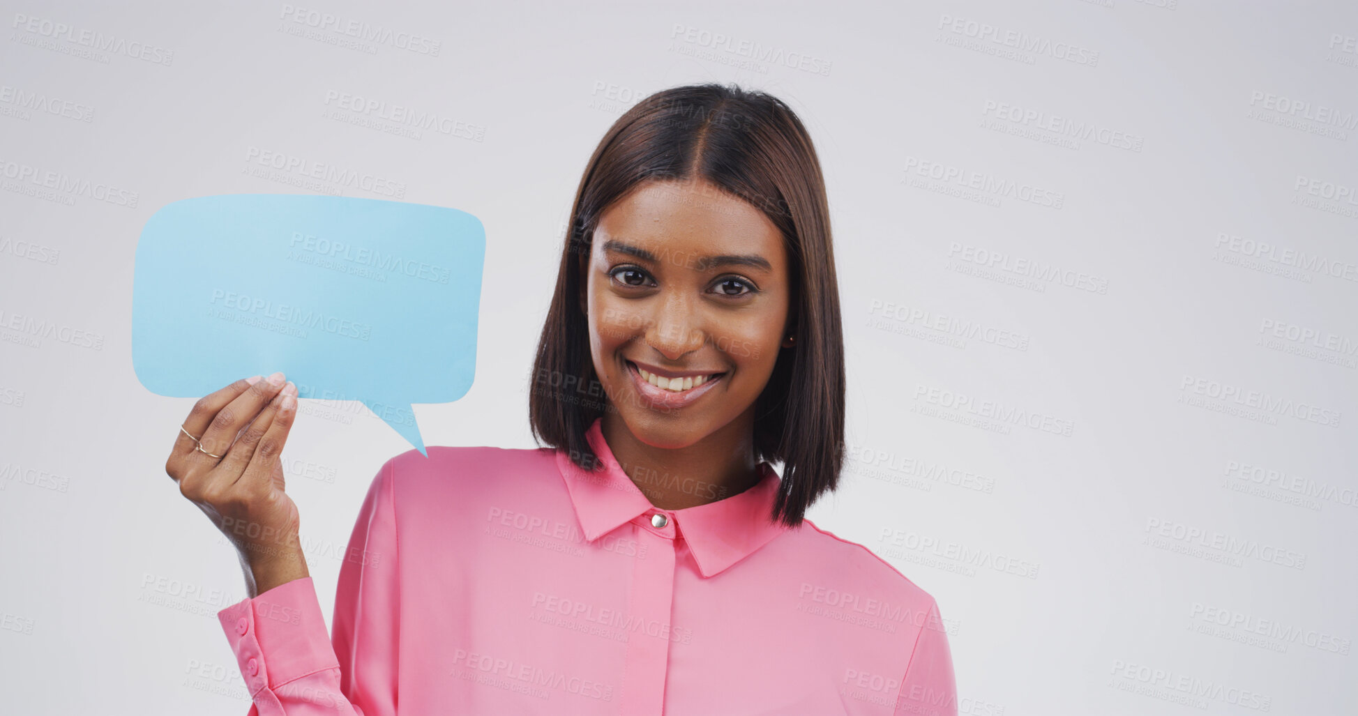 Buy stock photo Portrait, happy woman and speech bubble in studio for opinion, idea or news. Smile, person and dialogue balloon for social media, quote or communication on white background with mockup space in India