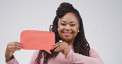 Buy stock photo Portrait, social media and speech bubble with black woman in studio for communication or voice. Message, mockup space and opinion with African person isolated on white background for dialogue