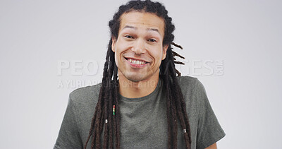 Buy stock photo Portrait, happy and creative man in studio as confident copywriter for business. Worker, dreadlocks and smile for pride with African person or content writer on white background with space in Kenya