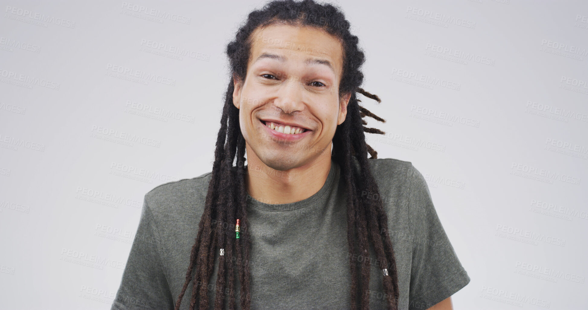 Buy stock photo Portrait, happy and creative man in studio as confident copywriter for business. Worker, dreadlocks and smile for pride with African person or content writer on white background with space in Kenya