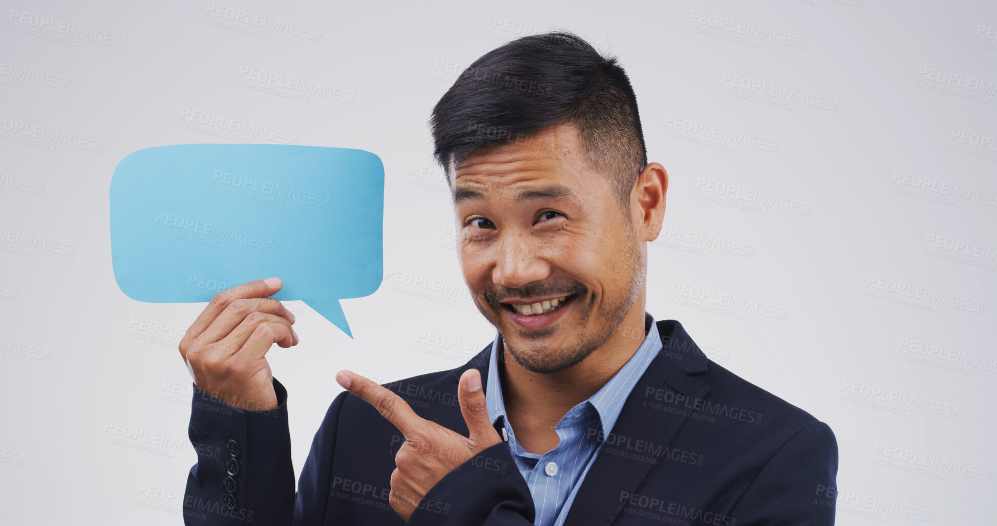 Buy stock photo Business, speech bubble or man with portrait, pointing or announcement on white studio background. Asian person, social media or about us with chatting poster, gesture or promotion with communication