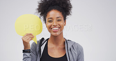Buy stock photo Portrait, woman and news with speech bubble in studio for announcement, vote and signage. Mockup space, person and sign for advertising brand, show information and billboard forum in white background