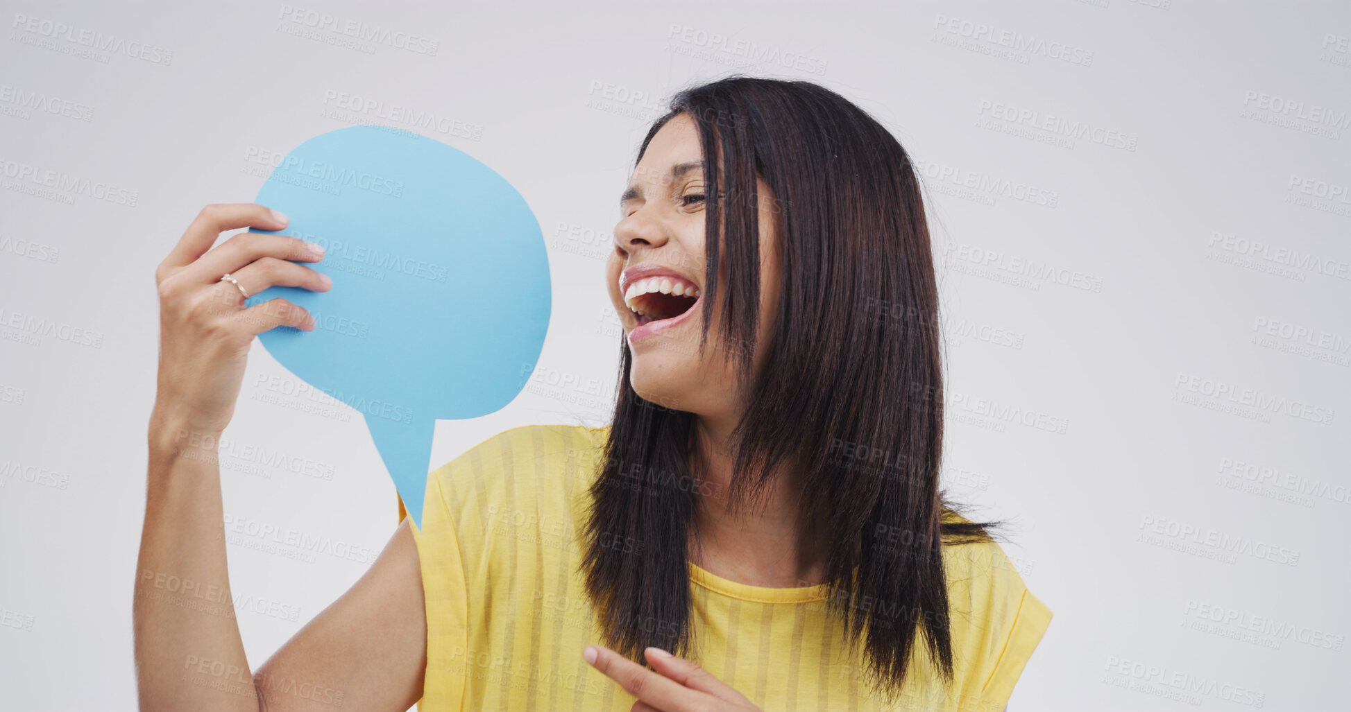 Buy stock photo Woman, laugh and point with speech bubble, studio or choice with mockup space by white background. Excited person, happy and poster for opinion, announcement or decision with sign for social media
