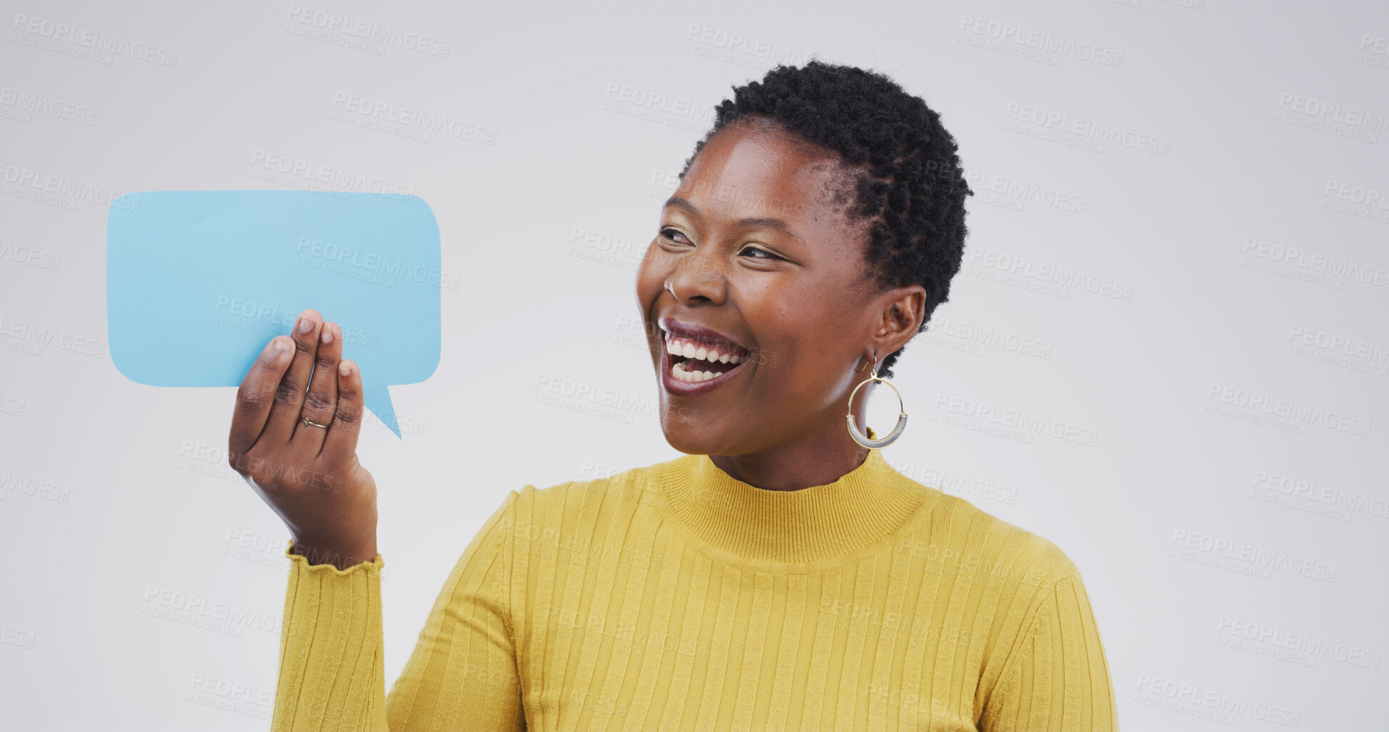 Buy stock photo Black woman, laugh and happy with speech bubble, studio and mock up space by white background. African person, smile and poster for opinion, announcement and choice with blank sign for social media