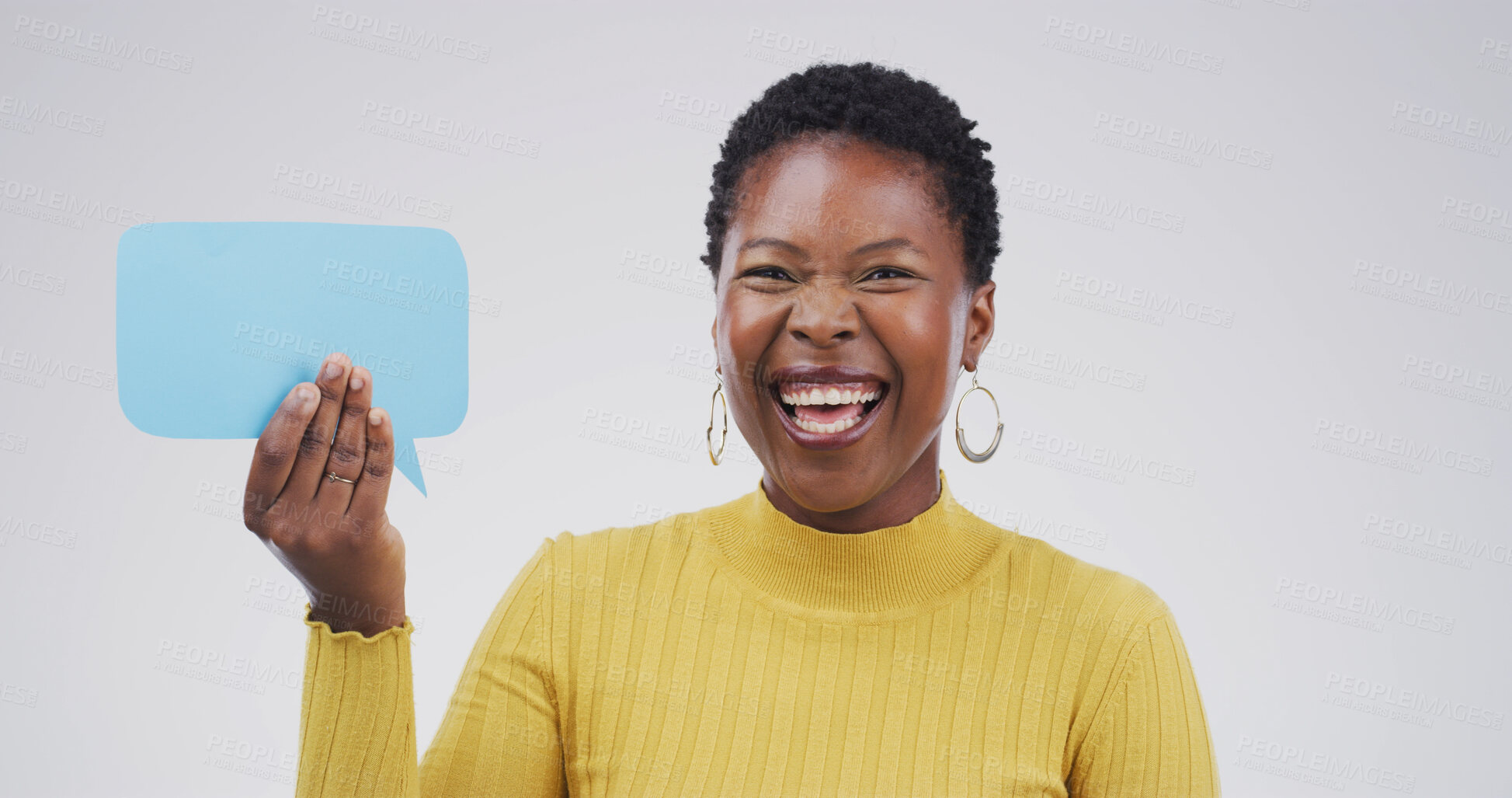 Buy stock photo Happy, black woman and portrait with speech bubble in studio for chat on a white background. Female person, feedback or model with smile, icon or shape for quote, conversation or say on mockup space