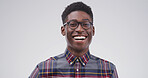 Happy, confident and portrait of black man in studio with positive attitude for university scholarship. Smile, pride and African male student with education opportunity at college by white background