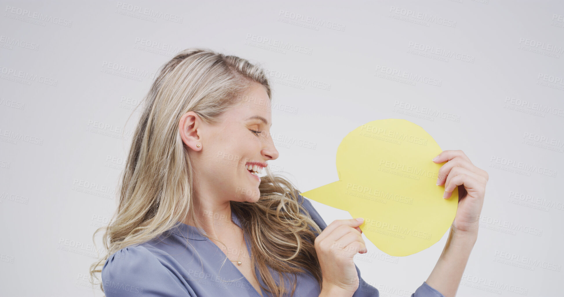Buy stock photo Smile, woman and talking with speech bubble in studio for announcement, news and signage. Mockup space, person and sign for advertising brand, show information and billboard forum in white background