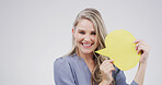 Portrait, woman and chat with speech bubble in studio for announcement, news and signage. Mockup space, person and sign for advertising brand, show information and billboard forum in white background