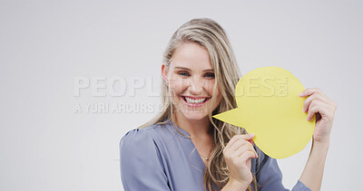 Buy stock photo Portrait, woman and chat with speech bubble in studio for announcement, news and signage. Mockup space, person and sign for advertising brand, show information and billboard forum in white background
