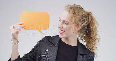Buy stock photo Smile, woman and speech bubble with announcement in studio for sale, promo deal and coming soon. Advertising, happy ambassador and mockup poster on white background for social media or about us space