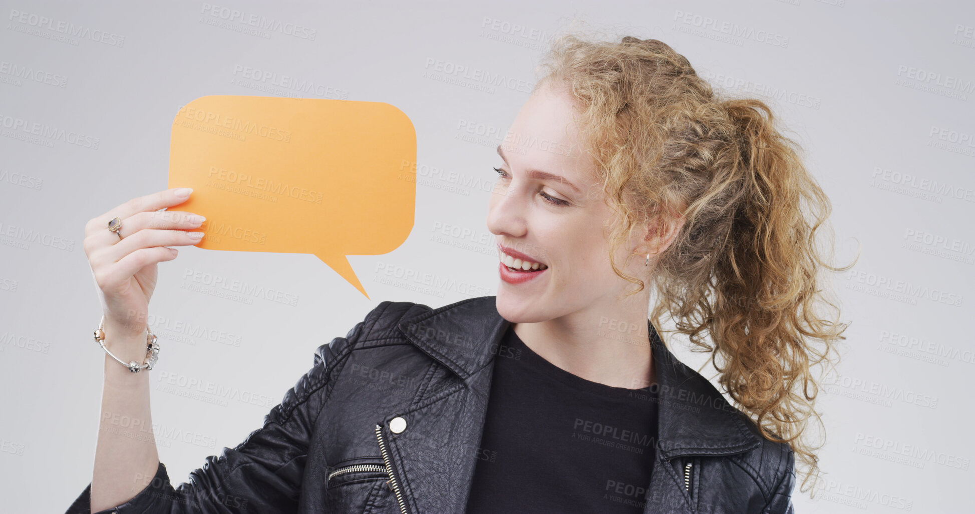 Buy stock photo Smile, woman and speech bubble with announcement in studio for sale, promo deal and coming soon. Advertising, happy ambassador and mockup poster on white background for social media or about us space