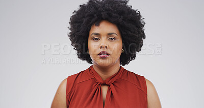 Buy stock photo Education, portrait and space with teacher in studio for college or university development course. Afro, school and serious with African educator isolated on white background for learning or teaching