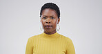 Serious, portrait and black woman in studio with confidence for education career at high school. Pride, female person and African teacher with job opportunity with tutoring by white background.